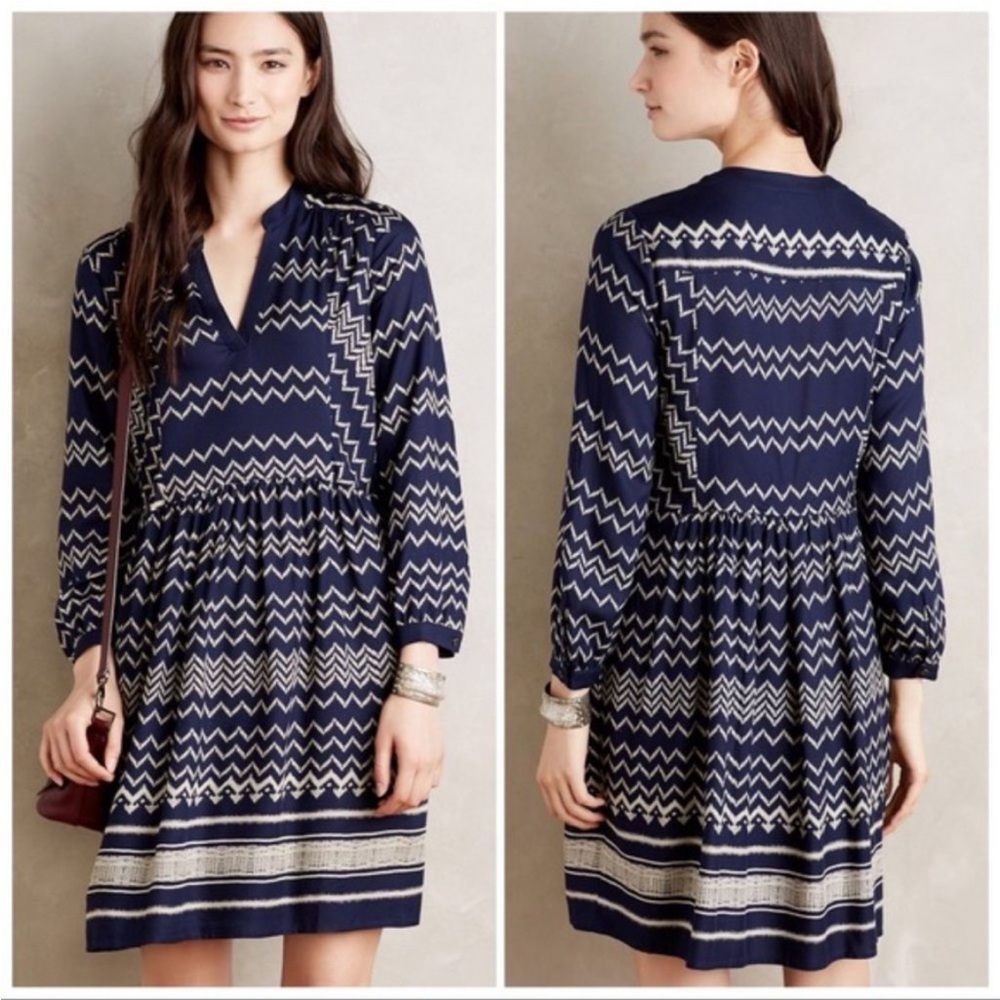 Anthropologie Navy and Cream Zigzag Long-Sleeve Dress